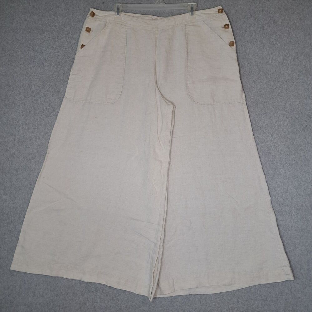 Spiegal Womens 18 Extra Wide Leg Pants Gouchos Side Buttons 100% Linen Off White